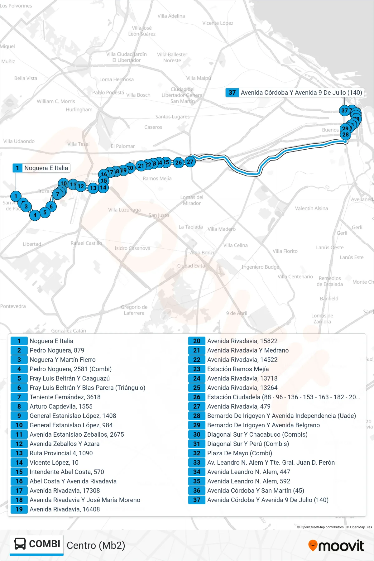 COMBI bus Line (Centro (Mb2)) route and stops on a map