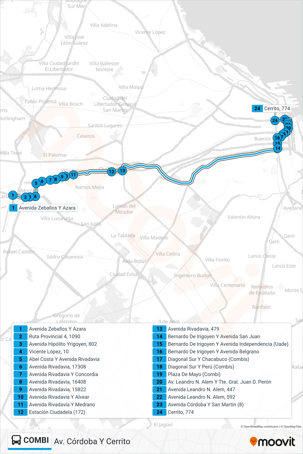 COMBI Colectivo Line (Av. Córdoba Y Cerrito) route and stops on a map