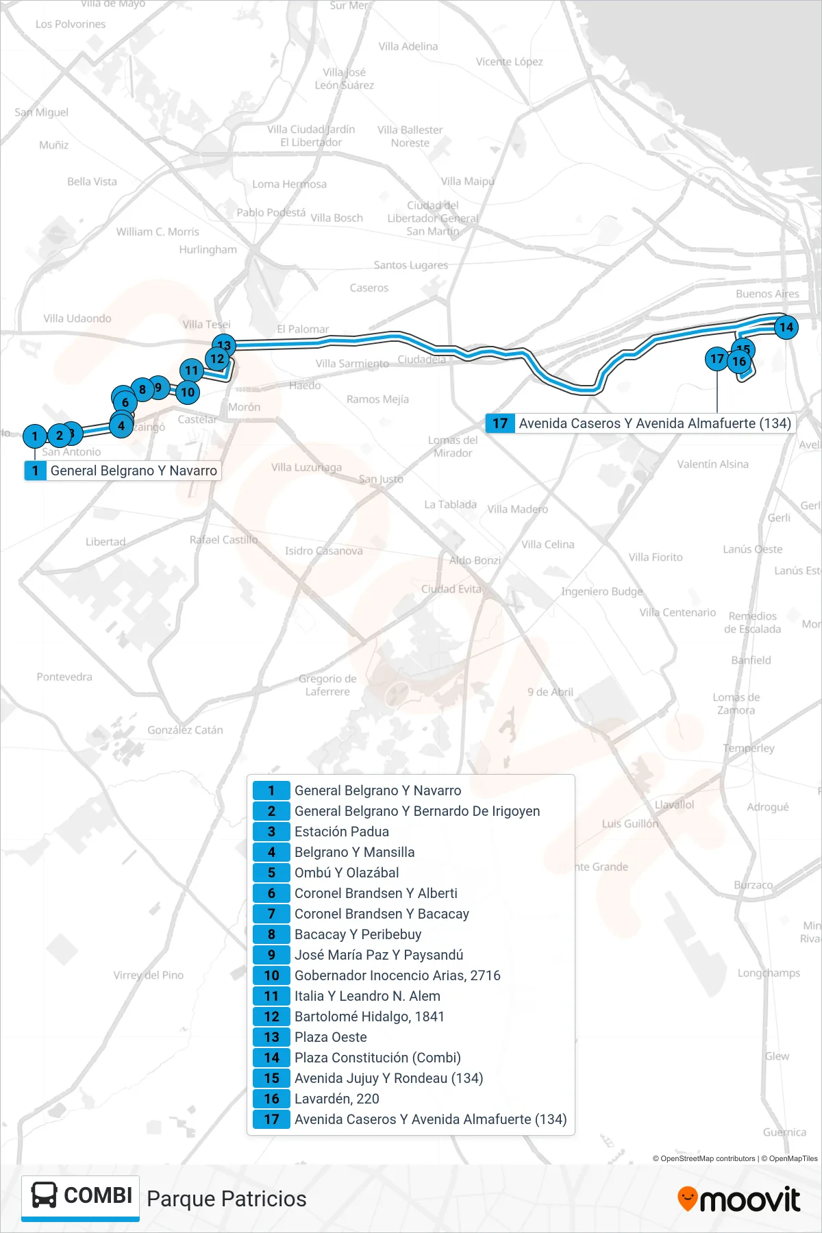 COMBI Colectivo Line (Parque Patricios) route and stops on a map