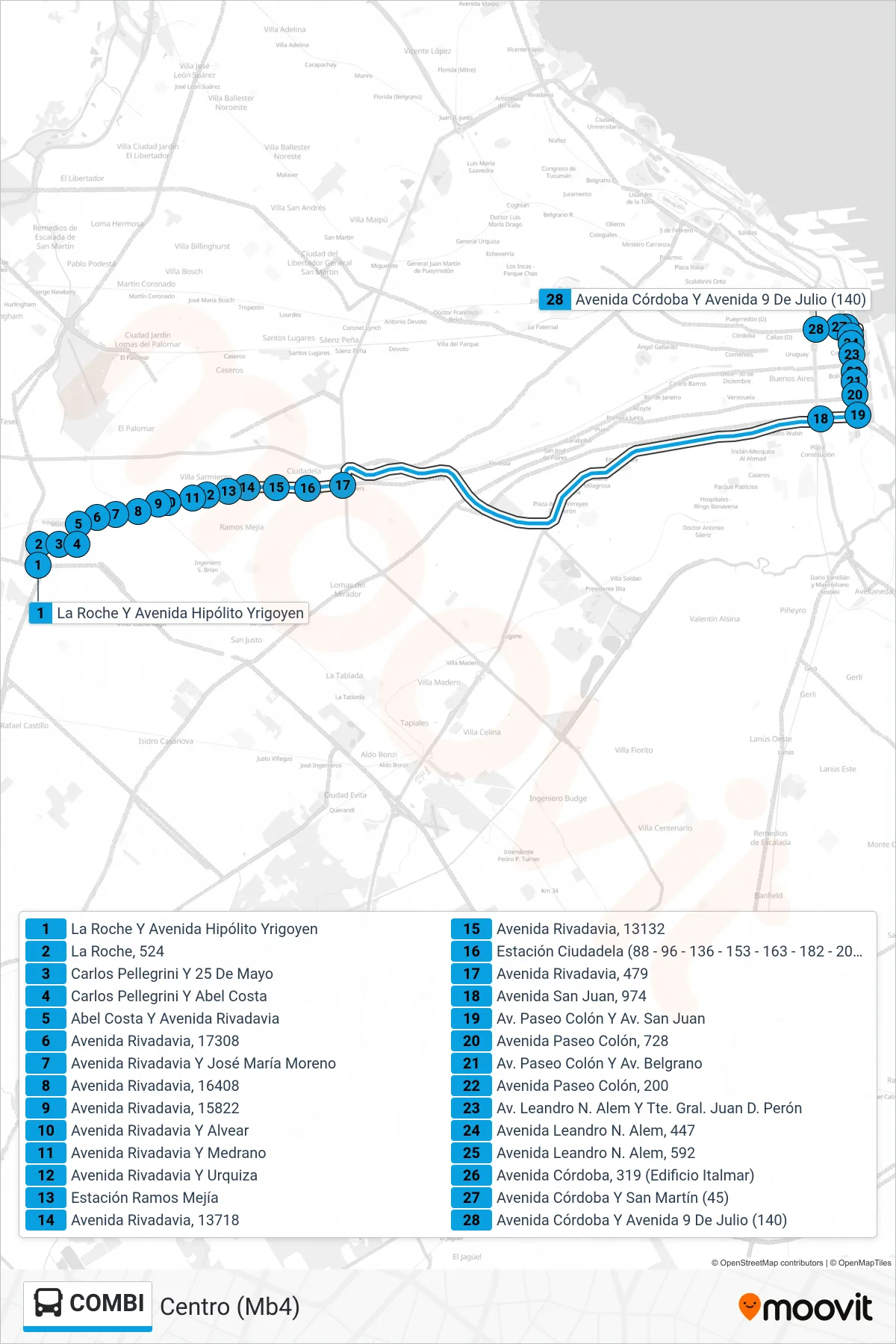 COMBI Colectivo Line (Centro (Mb4)) route and stops on a map