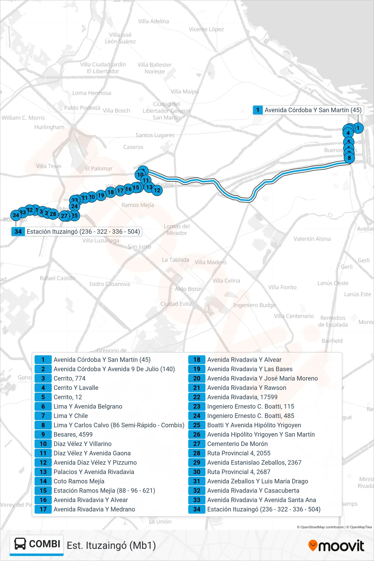 COMBI Colectivo Line (Est. Ituzaingó (Mb1)) route and stops on a map