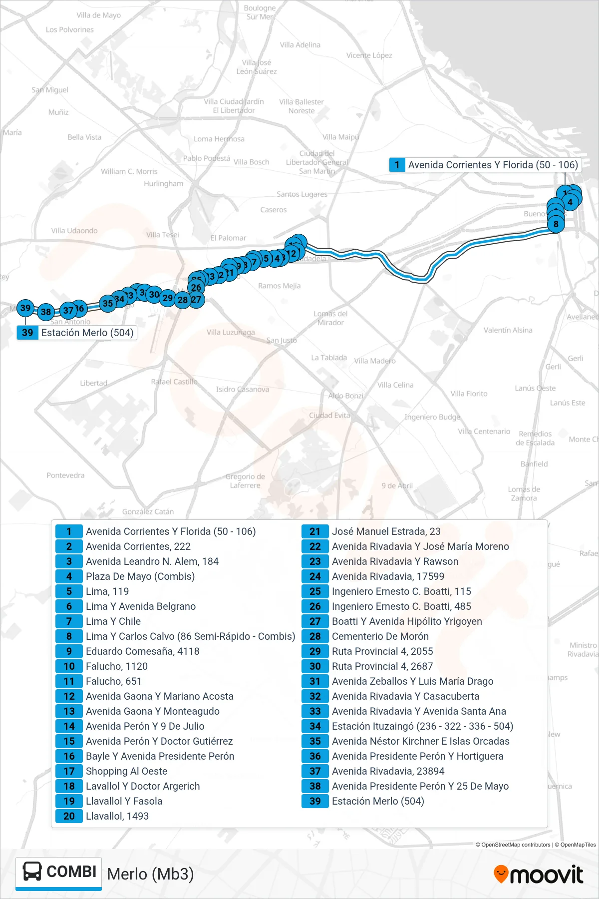 COMBI bus Line (Merlo (Mb3)) route and stops on a map
