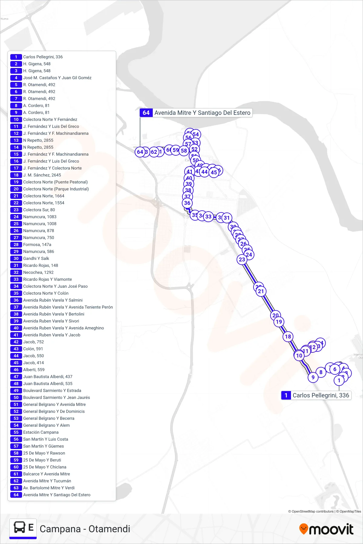 E bus Line (Bº Dálmine (Por Av. Varela)) route and stops on a map