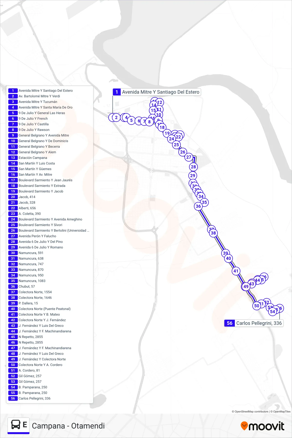 E Colectivo Line (Otamendi (Por Av. Sarmiento)) route and stops on a map