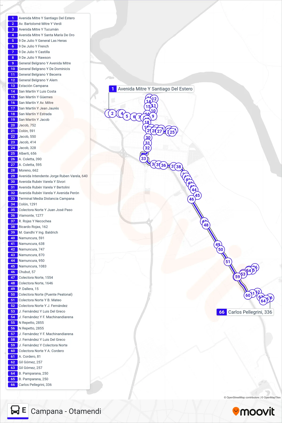 E Colectivo Line (Otamendi (Por Av. Varela)) route and stops on a map