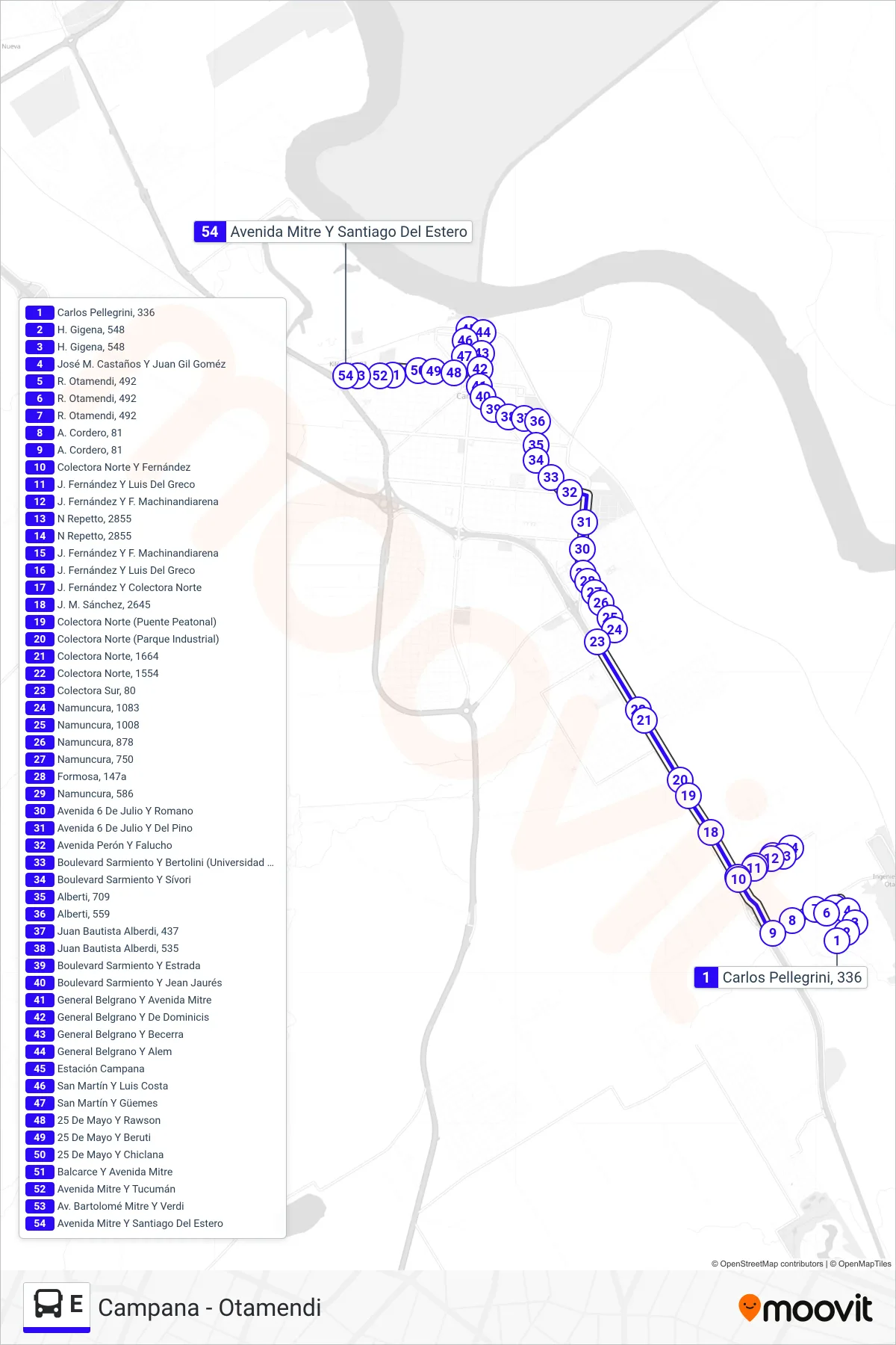 E bus Line (Bº Dálmine (Por Av. Sarmiento)) route and stops on a map