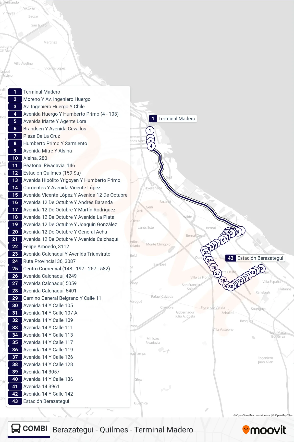 COMBI Colectivo Line (Quilmes - Berazategui) route and stops on a map
