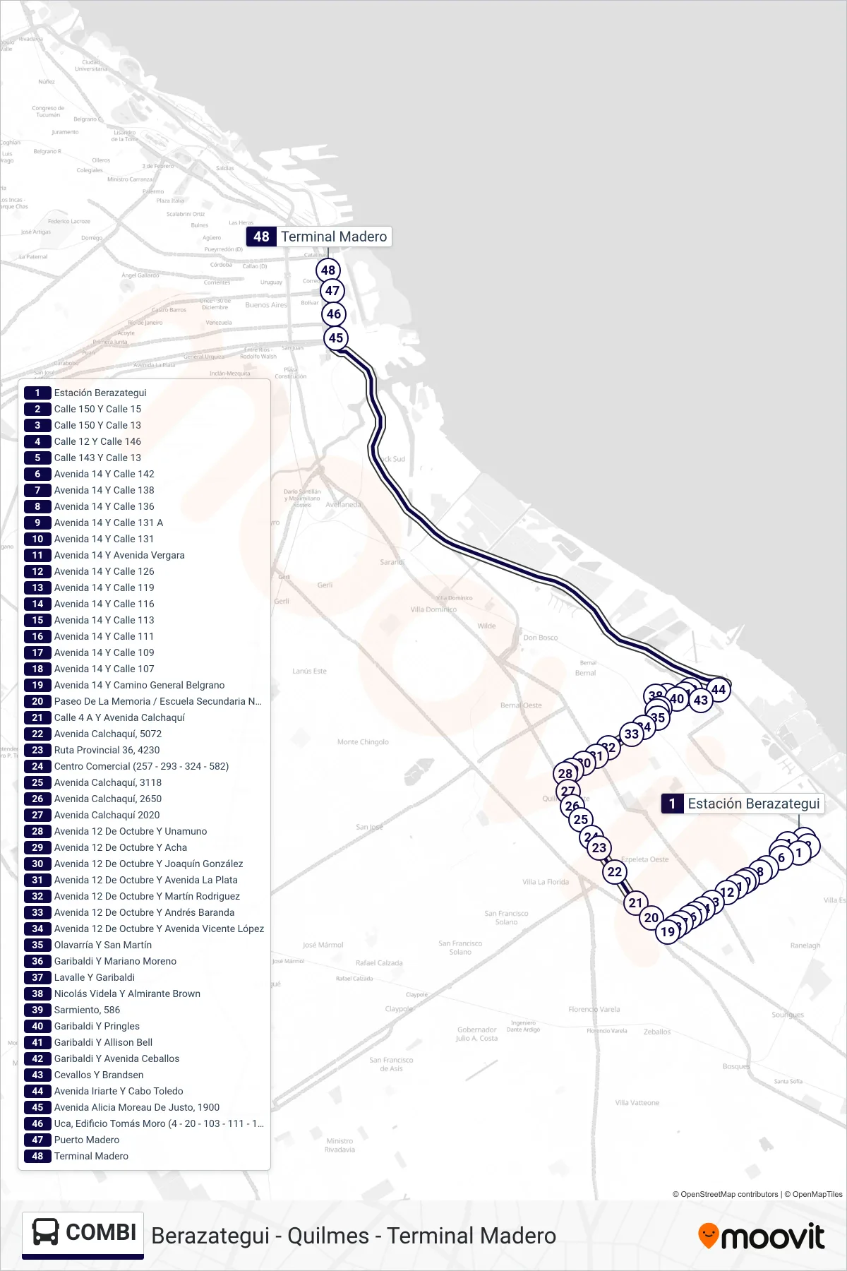 COMBI Colectivo Line (Terminal Madero) route and stops on a map