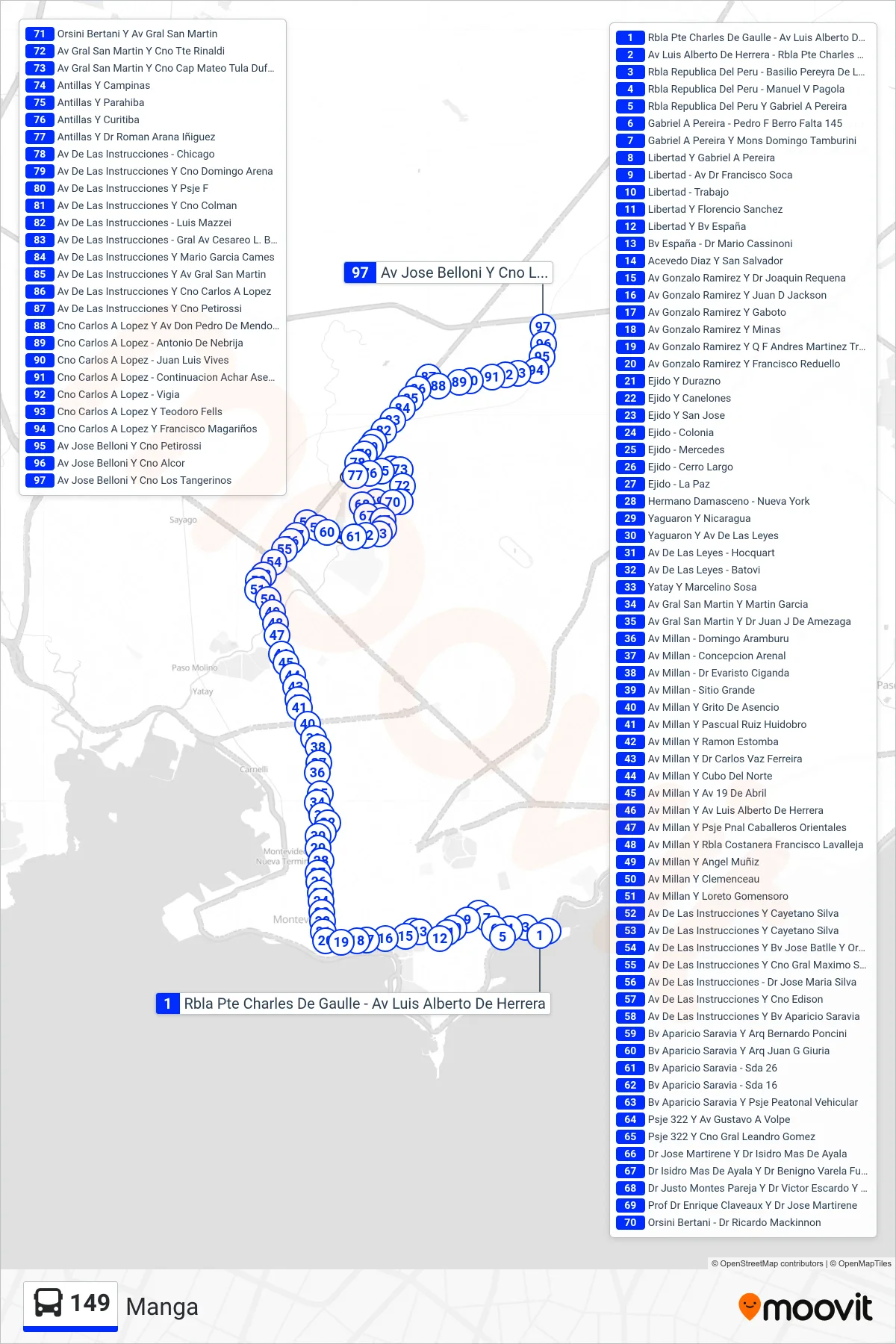149 bus Line (Manga) route and stops on a map
