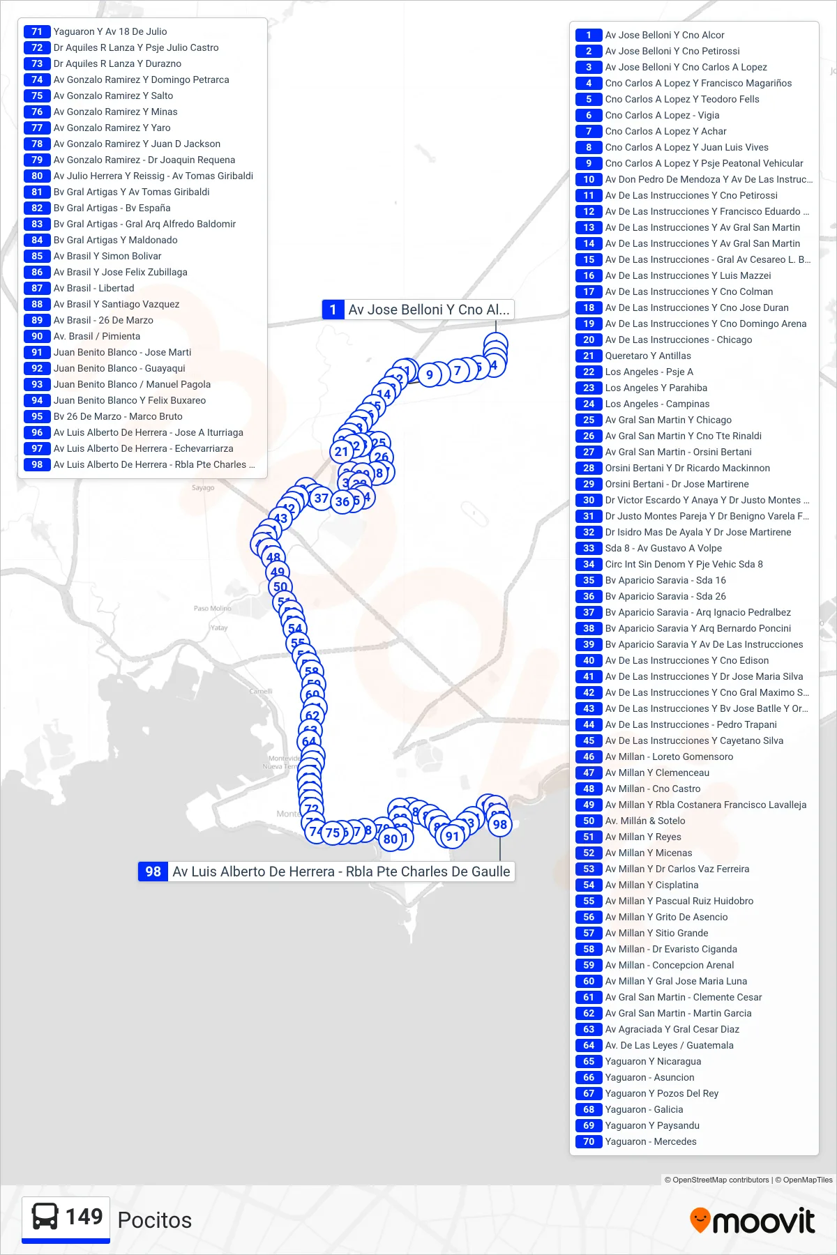 149 bus Line (Pocitos) route and stops on a map