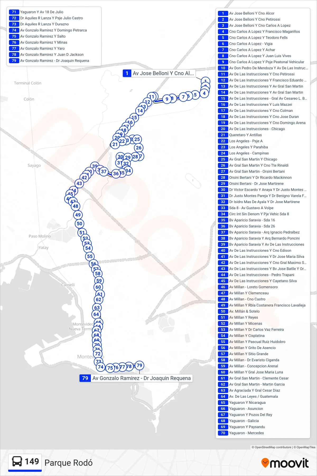 Recorrido y paradas de la línea 149 de autobús (Parque Rodó) en el mapa