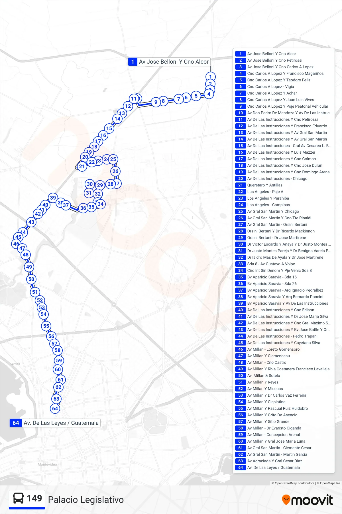 149 bus Line (Palacio Legislativo) route and stops on a map