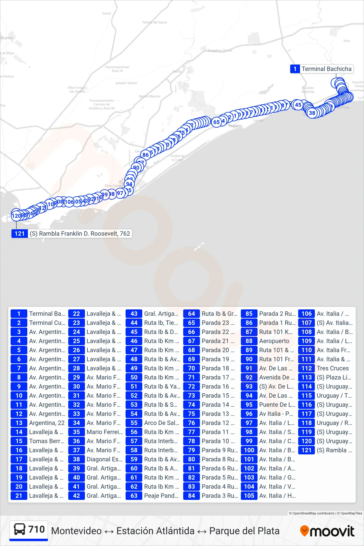 710 bus Line (Parque Del Plata→Montevideo (Aeropuerto)) route and stops on a map