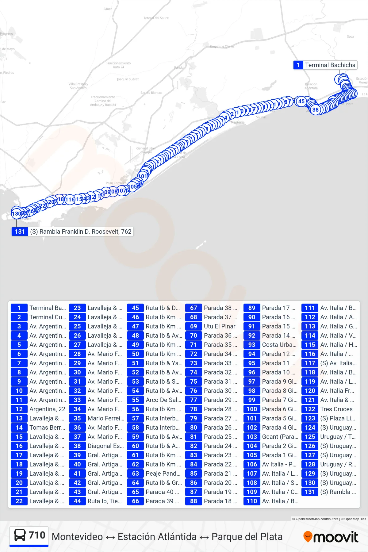 710 bus Line (Parque Del Plata→Montevideo (Costa Urbana)) route and stops on a map