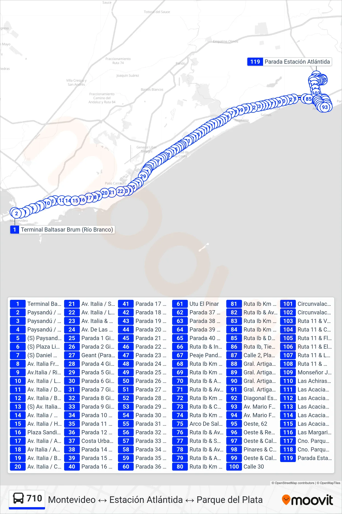 710 bus Line (Montevideo→Estación Atlántida (Costa Urbana)) route and stops on a map