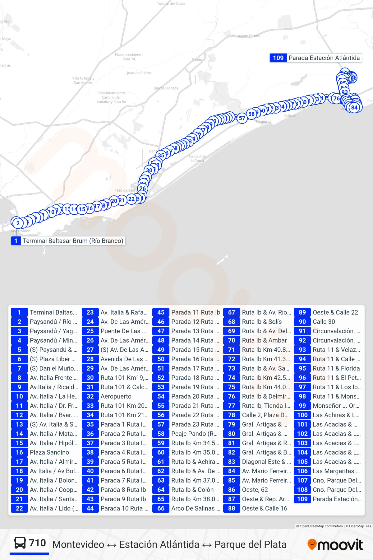 710 bus Line (Montevideo→Estación Atlántida (Aeropuerto)) route and stops on a map