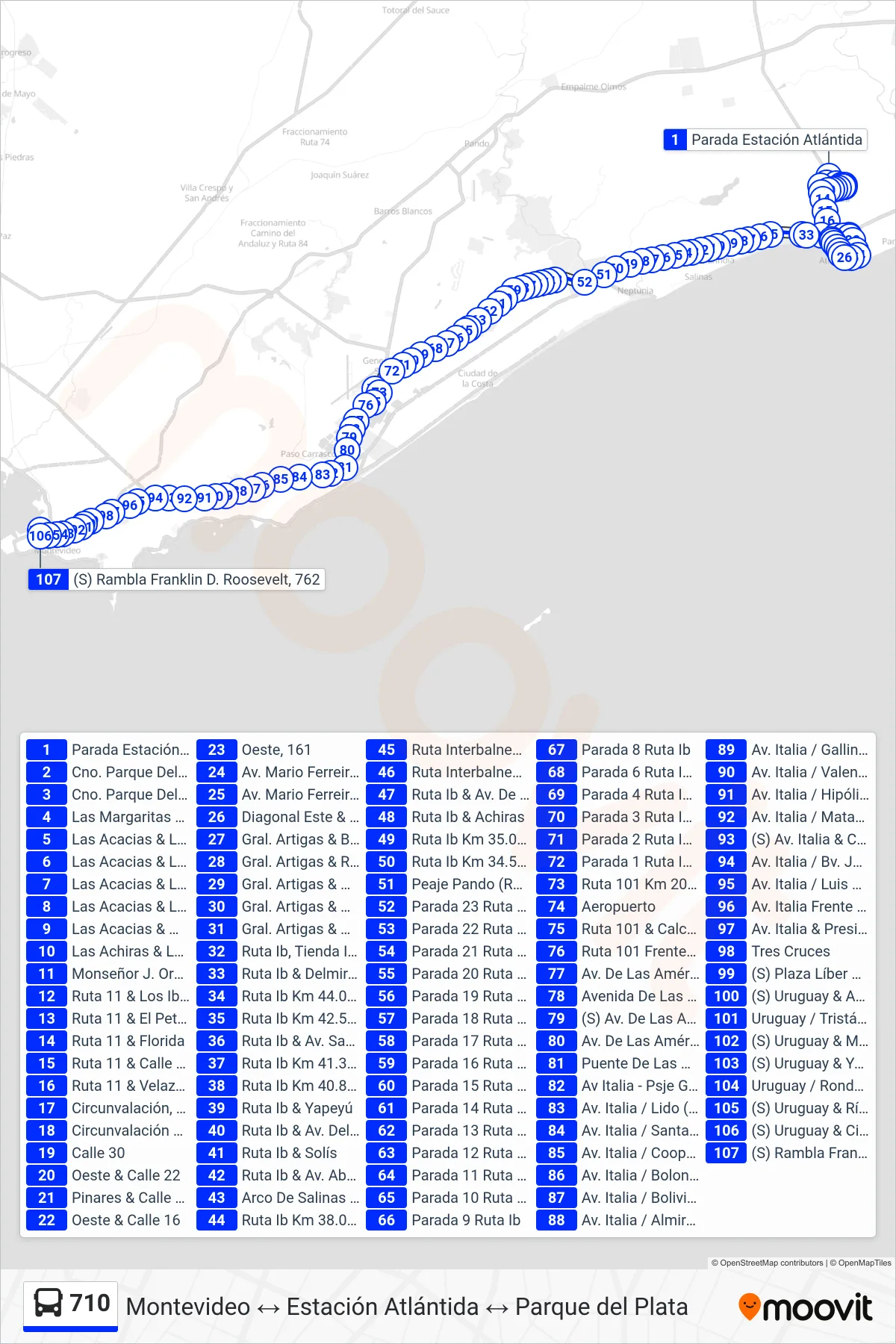 710 bus Line (Estación Atlántida→Montevideo (Aeropuerto)) route and stops on a map
