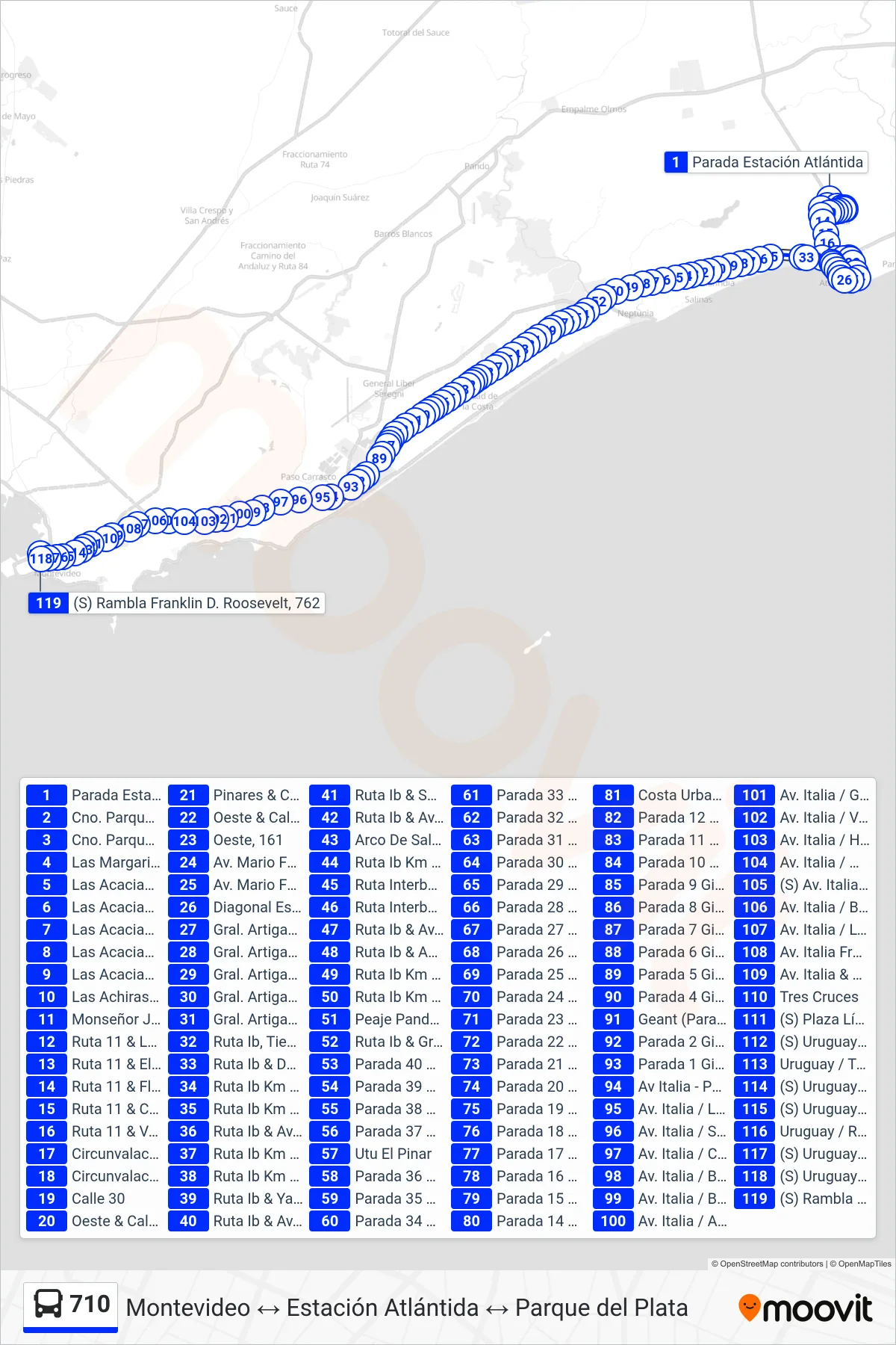 710 bus Line (Estación Atlántida→Montevideo (Costa Urbana)) route and stops on a map