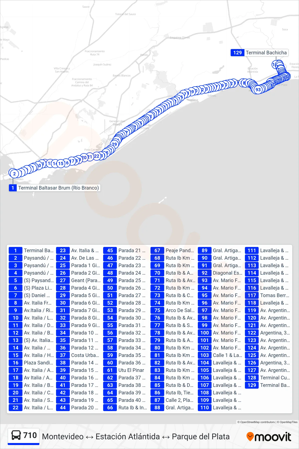 710 bus Line (Montevideo→Parque Del Plata (Costa Urbana)) route and stops on a map