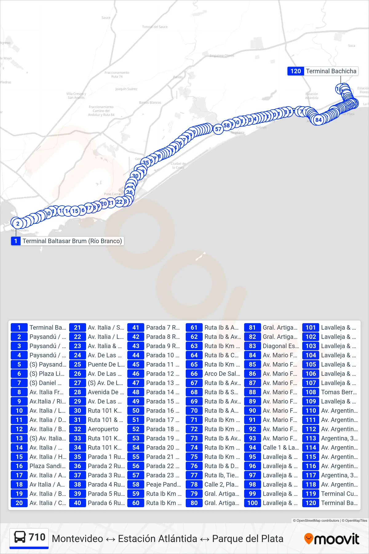 710 bus Line (Montevideo→Parque Del Plata (Aeropuerto)) route and stops on a map