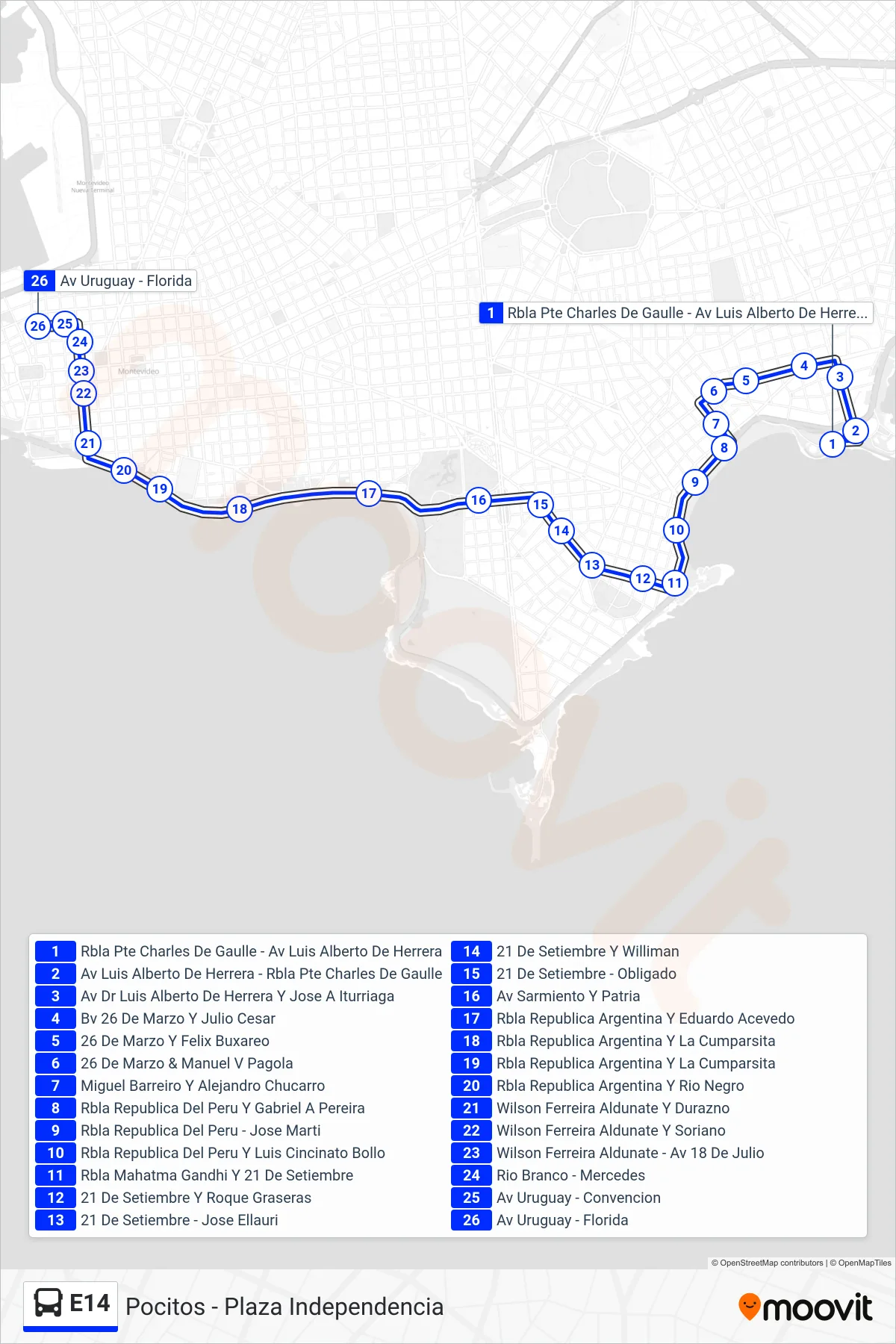 E14 bus Line (Plaza Independencia) route and stops on a map