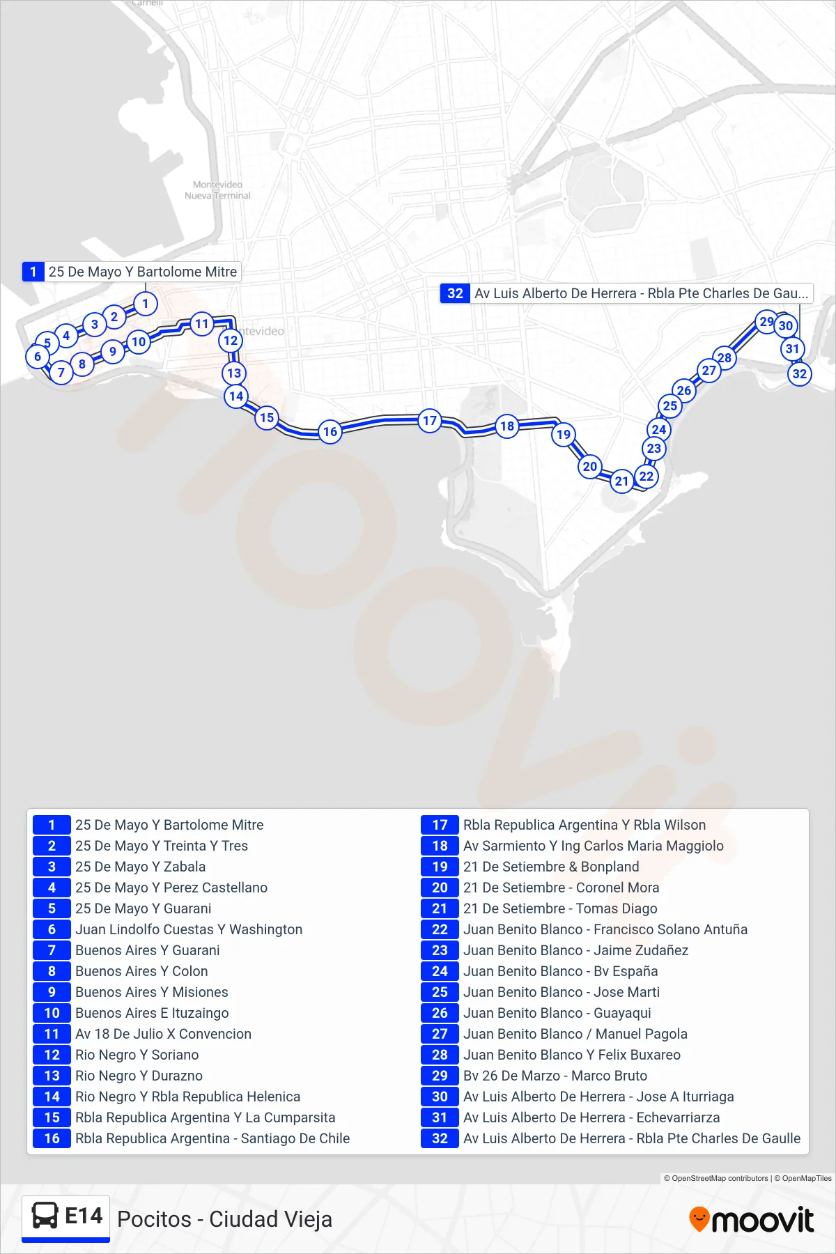 E14 bus Line (Pocitos) route and stops on a map