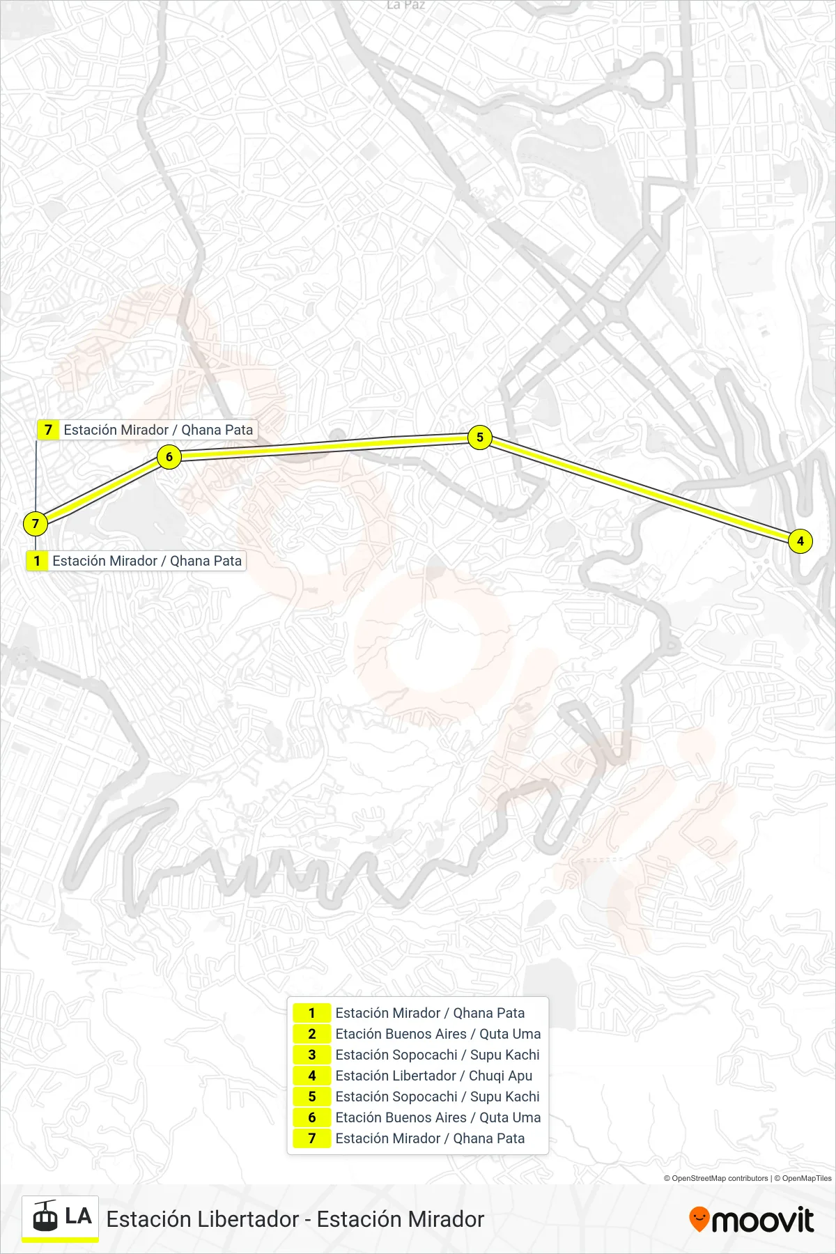 Recorrido y paradas de la línea LA de teleférico (Est. Libertador - Est. Mirador / Est. Mirador - Est. Libertador) en el mapa