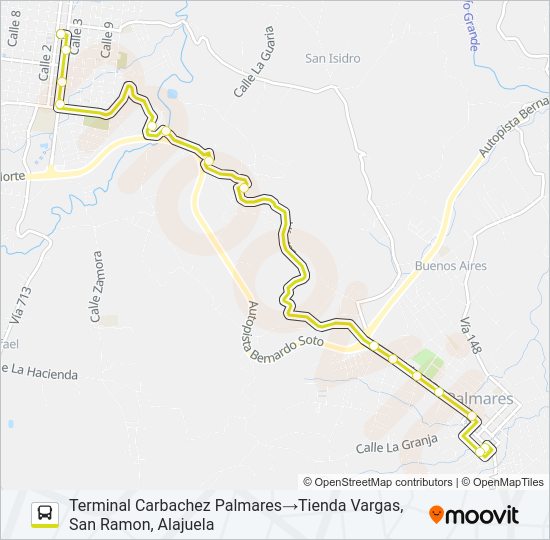 Mapa de NARANJO - PALMARES - SAN RAMON POR CALLE VIEJA de autobús