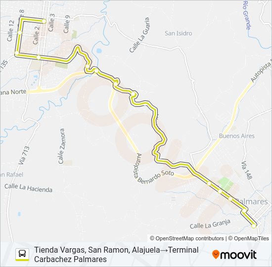 Mapa de NARANJO - PALMARES - SAN RAMON POR CALLE VIEJA de autobús