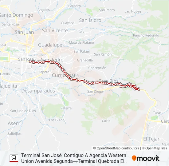 SAN JOSÉ - TRES RÍOS - EL FIERRO POR CALLE VIEJA Bus Line Map