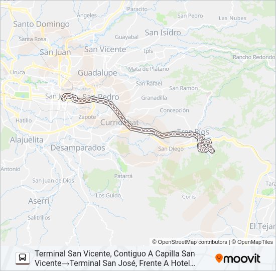 Mapa de SAN JOSÉ - SAN VICENTE DE TRES RÍOS de autobús
