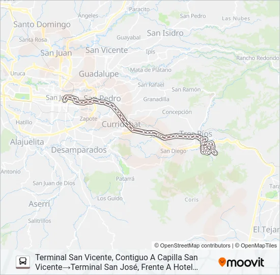 SAN JOSÉ - SAN VICENTE DE TRES RÍOS Bus Line Map
