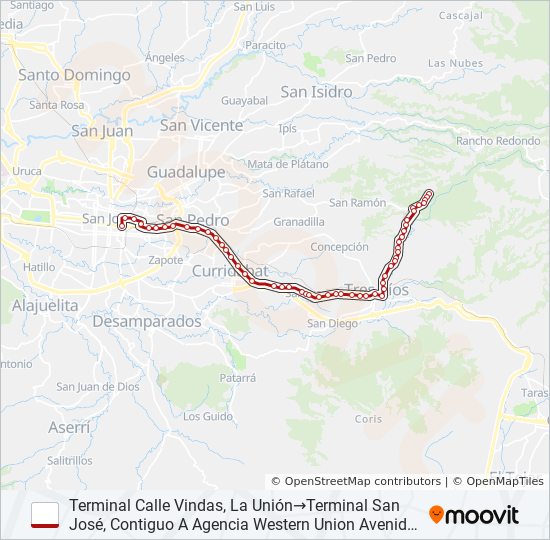 SAN JOSÉ - TRES RÍOS - DULCE NOMBRE POR CALLE VIEJA bus Line Map