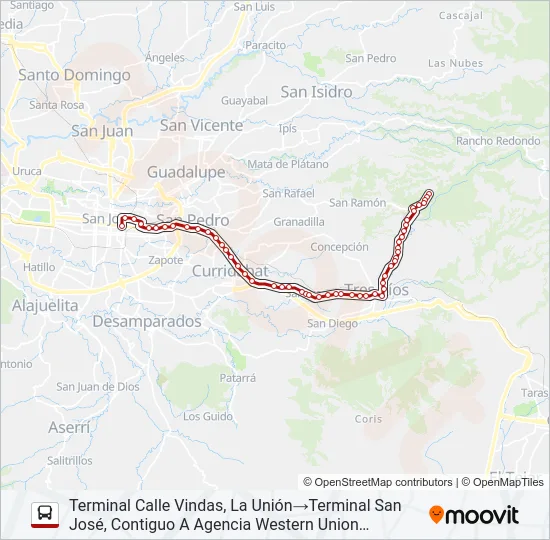 SAN JOSÉ - TRES RÍOS - DULCE NOMBRE POR CALLE VIEJA Bus Line Map