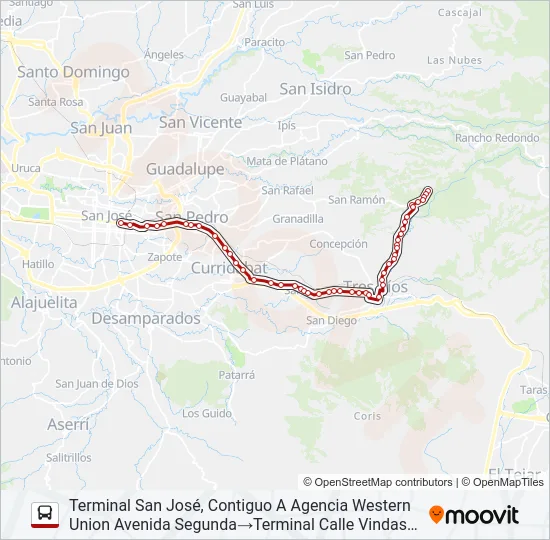 SAN JOSÉ - TRES RÍOS - DULCE NOMBRE POR CALLE VIEJA Bus Line Map