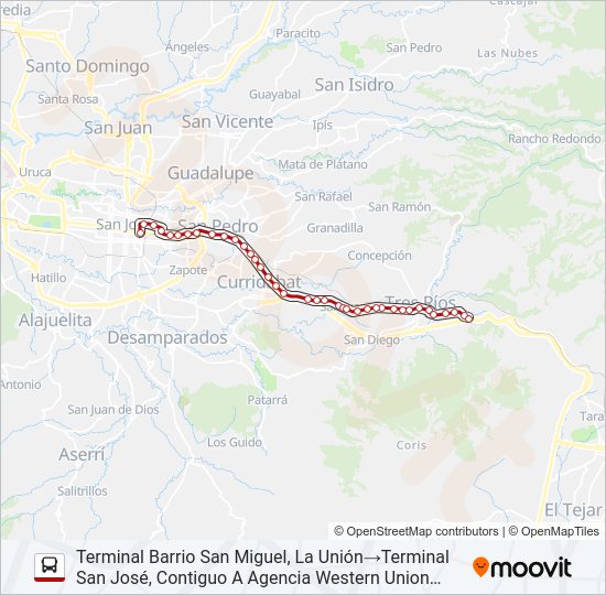 Mapa de SAN JOSÉ - TRES RÍOS POR CALLE VIEJA de autobús