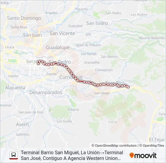 SAN JOSÉ - TRES RÍOS POR CALLE VIEJA Bus Line Map