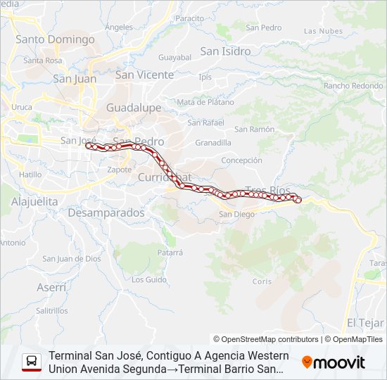 Mapa de SAN JOSÉ - TRES RÍOS POR CALLE VIEJA de autobús