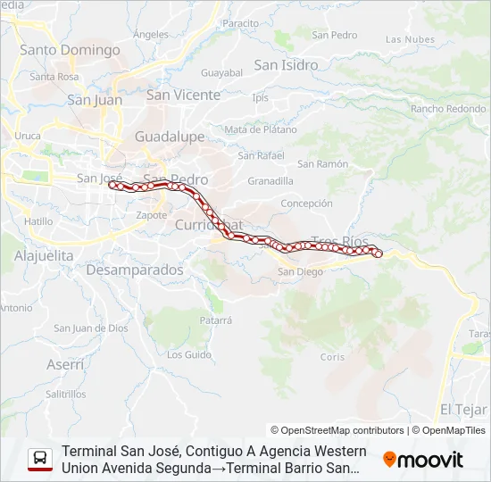 Mapa de SAN JOSÉ - TRES RÍOS POR CALLE VIEJA de autobús
