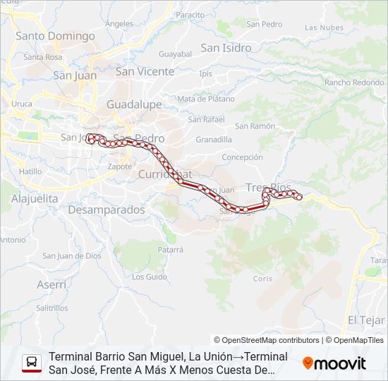 Mapa de SAN JOSÉ - TRES RÍOS POR PISTA de autobús
