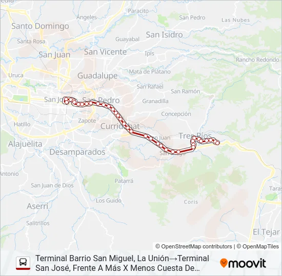 SAN JOSÉ - TRES RÍOS POR PISTA Bus Line Map