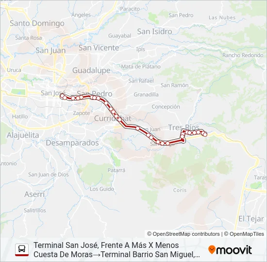 SAN JOSÉ - TRES RÍOS POR PISTA Bus Line Map