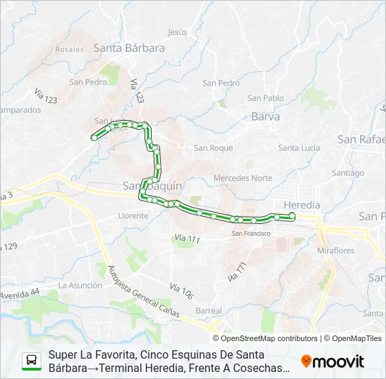 HEREDIA - CINCO ESQUINAS Bus Line Map
