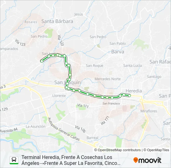 HEREDIA - CINCO ESQUINAS Bus Line Map