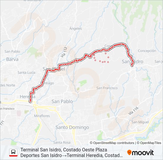Mapa de HEREDIA - SAN ISIDRO POR CONCEPCIÓN DE SAN RAFAEL de autobús