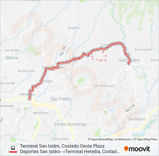 HEREDIA - SAN ISIDRO POR CONCEPCIÓN DE SAN RAFAEL Bus Line Map