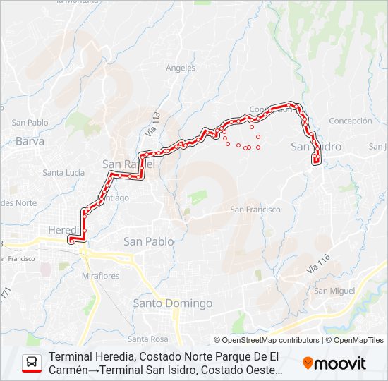 Mapa de HEREDIA - SAN ISIDRO POR CONCEPCIÓN DE SAN RAFAEL de autobús