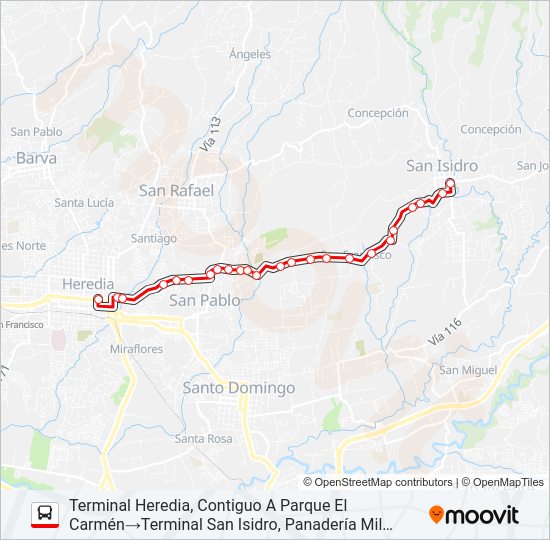 Mapa de HEREDIA - SAN ISIDRO POR CONCEPCIÓN DE SAN RAFAEL de autobús