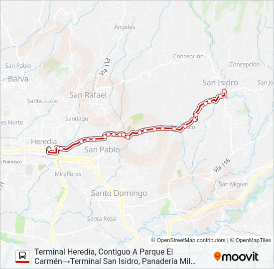 HEREDIA - SAN ISIDRO POR CONCEPCIÓN DE SAN RAFAEL Bus Line Map
