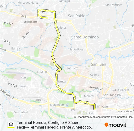 HEREDIA - SAN JOSÉ POR PISTA Bus Line Map